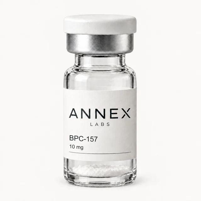 Illustrative Annex Labs BPC-157 10 mg vial render with lyophilized powder