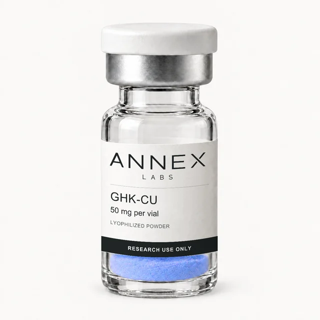 Illustrative Annex Labs GHK-Cu 50 mg vial render with blue lyophilized powder