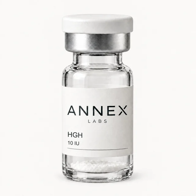 Illustrative Annex Labs HGH 10 IU vial render with powder