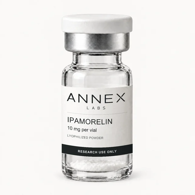 Illustrative Annex Labs Ipamorelin 10 mg vial render with lyophilized powder