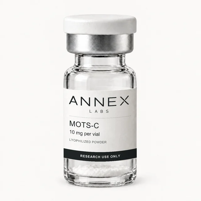 Illustrative Annex Labs MOTS-C 10 mg vial render with lyophilized powder