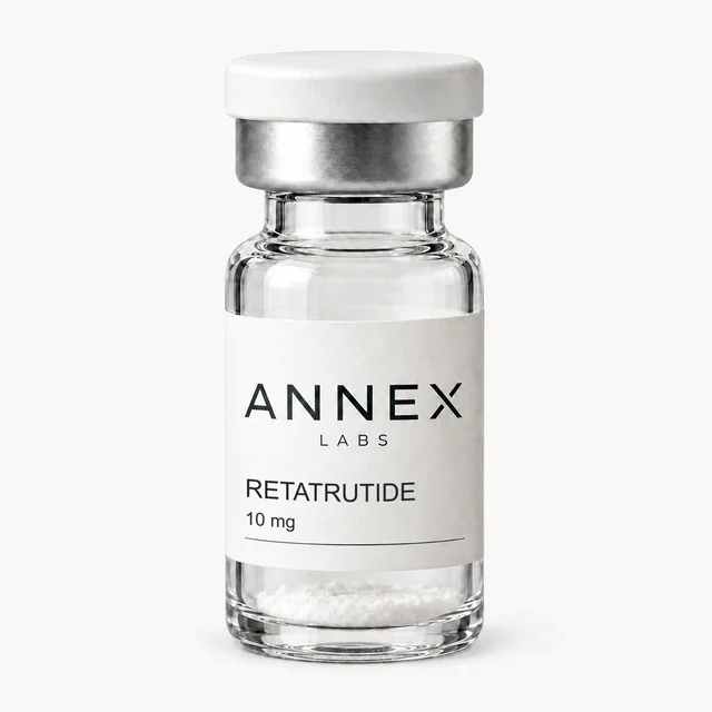 Illustrative Annex Labs Retatrutide 10 mg vial render with lyophilized powder