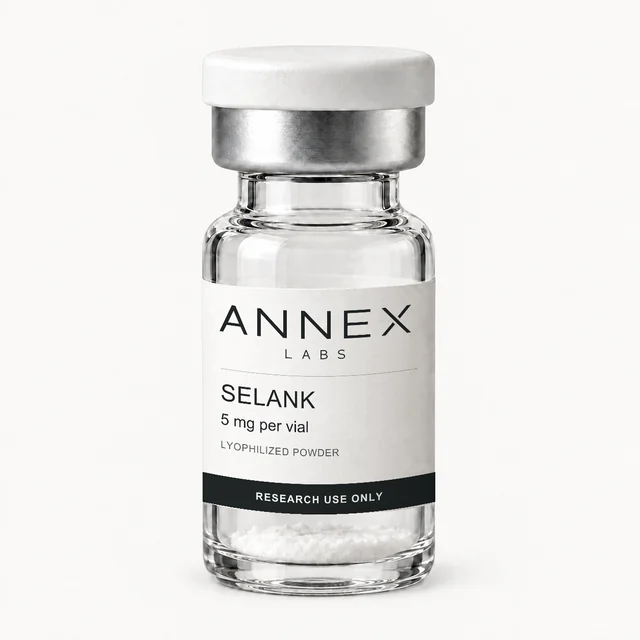 Illustrative Annex Labs Selank 5 mg vial render with lyophilized powder