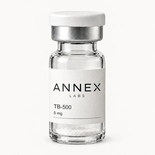 Illustrative Annex Labs TB-500 5 mg vial render with powder